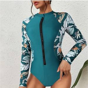 2025 traje de baño de manga larga para mujer traje de baño con cremallera ropa de playa Floral trajes de baño de una pieza al por mayor proveedor personalizado - Product Image 1
