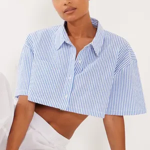 Casual Pockets Sexy Crop Tops Short Sleeve Office Lady Shirts Blue And White Blouses For Women Blue Stripe Shirt