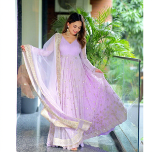 Lavender Anarkali <b>Suit</b> With Dupatta Traditional Indian Pakistani <b>Women</b> Floor Length <b>Wedding</b> Wear Stretchable Loose Fit - Product Image 1