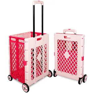Nhà lưu trữ giỏ hàng màu tùy biến nhựa gấp Xe đẩy gấp hộp với Bánh xe lăn gấp Giỏ mua hàng màu hồng 4 bánh xe - Product Image 1
