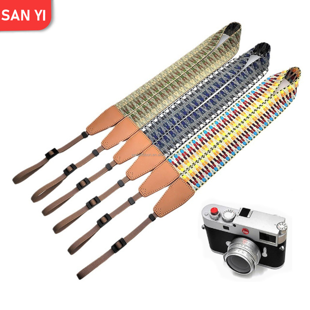 Wholesale High Quality Colorful Mosaic Pattern Woven Camera Neck Strap with Genuine Leather for Travel Photography
