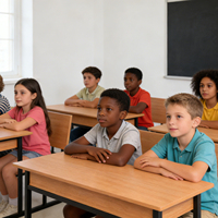 Banc et table d'école en bois, ensemble moderne pour deux élèves, avec cadre de table et chaises intégrées pour salle de classe