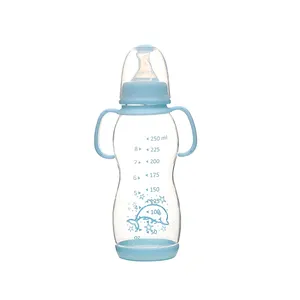 批发软蓝弧葫芦形250毫升塑料婴儿奶瓶带手柄