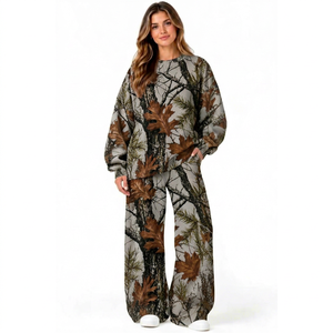 Conjunto de sudadera con estampado de hojas de árbol y pantalones anchos para mujer, cuello redondo, manga larga, informal, de dos piezas para invierno - Product Image 1