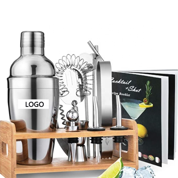 Набор коктейльных шейкеров со стильной бамбуковой подставкой, идеально подходит для барных инструментов, набор инструментов для бармена и шейкер для коктейлей и Мартини для смешивания напитков
