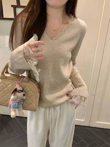 Maglione lavorato a <span class=keywords><strong>maglia</strong></span> a maniche lunghe con scollo a V e <span class=keywords><strong>pizzo</strong></span> da donna - Product Image 1