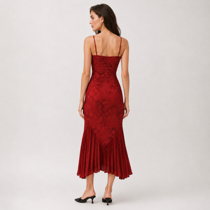 Gaun <span class=keywords><strong>Midi</strong></span> Bodycon Tali Cami Jacquard Bunga Merah SHENGFU Custom OEM dengan Lipit di Bagian Bawah, <span class=keywords><strong>Pakaian</strong></span> Kasual Musim Panas untuk Wanita - Product Image 2