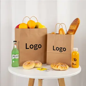 Günstige benutzer definierte Logo recycelbare braune Kraft Papiertüte Verpackung zum Mitnehmen Mittagessen Burger Tasche mit verdrehtem Papier griff