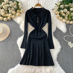 Vestido informal de <span class=keywords><strong>manga</strong></span> <span class=keywords><strong>larga</strong></span> con cuello redondo de punto de un solo botón para mujer - Product Image 6
