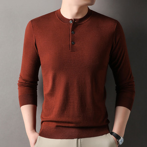 Nouveauté, tricot de qualité en laine peignée, t-shirt à manches longues léger pour homme, col Henry, contenant de la laine de cachemire, pull - Product Image 4