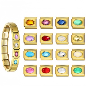 Wholesale Christian Gold Oval Birthstone Italian Charm Links Color Rhinestone 9mm Stainless Steel Modular Bracelet Charms DIY - Product Image 1