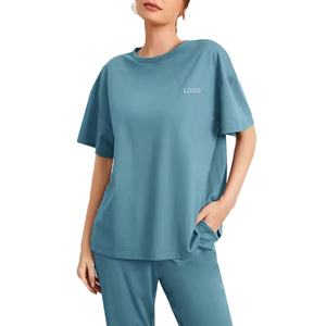 Conjunto de Verano de Dos Piezas Informal y Holgado para Mujer, Ropa Deportiva, Camiseta y Pantalones con Estampado Sólido, Conjunto Informal Teñido Liso - Product Image 2