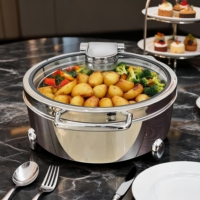 Chauffe-plat professionnel 6L à alimentation thermique avec couvercle en verre rond, en acier inoxydable, pour buffets et événements de restauration