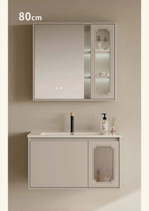 Mueble de baño suspendido con espejo LED táctil, acabado en barniz, vidrio esmerilado, gabinete de almacenamiento y lavabo integrado, personalizado para el hogar - Product Image 4