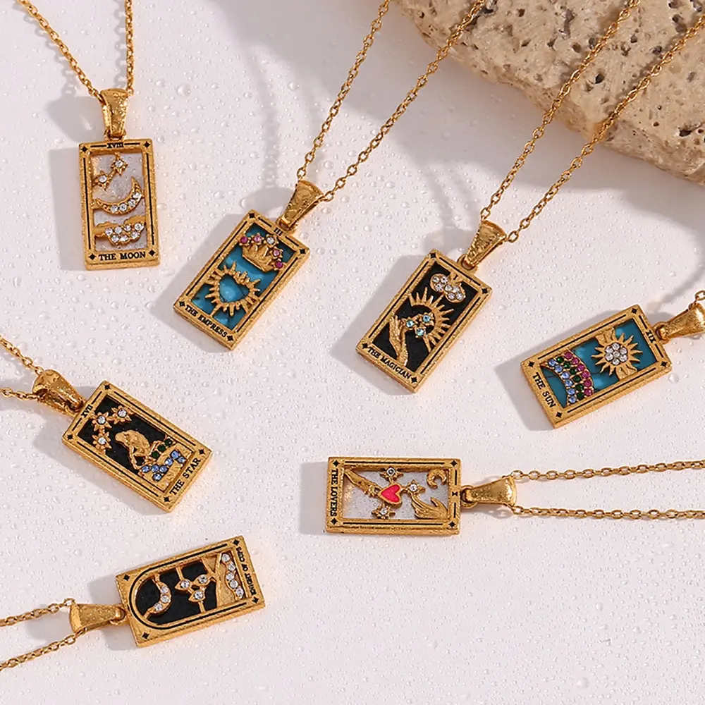 Fashion Jewelry 18K Gold Plated Square Zodiac Sign Necklace Stainless Steel Tarot Card Pendant Necklace Women Christmas Gift