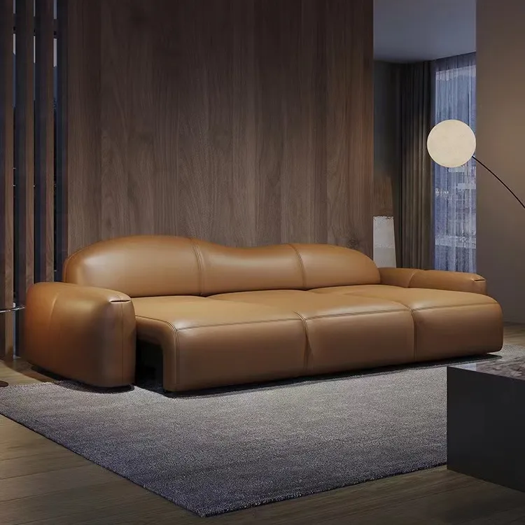 Sofá de couro minimalista italiano, sofá grande de couro com camada minimalista e moderno para três pessoas, vila, sala de estar