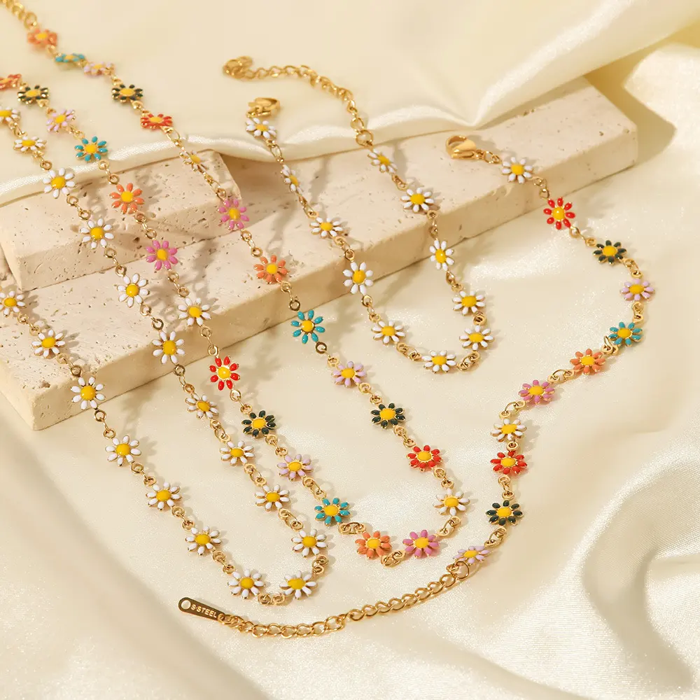 18 Karat Gold bunte kleine Gänseblümchen Kinder Armband Halskette Edelstahl Mädchen Schmuck Set für Frauen