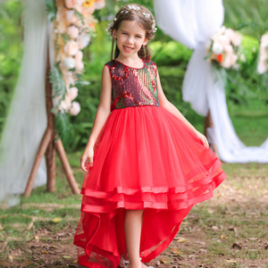 Girls' <b>Sequined</b> Tulle Dress <b>Red</b> A-Line O-Neck Flower Girl Dress For Parties Performances Summer Wear - Product Image 1