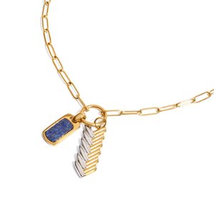Collar con Colgante de Acero Inoxidable con Lapislázuli y Diseño Geométrico en Bloques de Color Dorado para Moda - Product Image 1