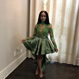 Vestidos africanos negros para niñas, verde oscuro, largos para baile de graduación, con apliques de cuentas, trajes de fiesta de noche formales con ilusión trasera