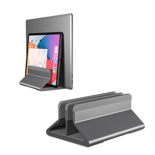 Universal Adjustable Vertical Laptop Stand Aluminum Alloy & Silicone 2-Slot Space-Saving Metal Desktop Notebook Holder