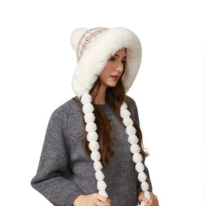 Chapeau tricoté jacquard épais et chaud d'hiver avec velours pour <span class=keywords><strong>femme</strong></span>, protection auditive en peluche mignonne, coupe-vent, avec <span class=keywords><strong>pompon</strong></span> - Product Image 6