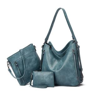 Dropshipping Shopify Stone Washed Leather Hobo <b>Purses</b> for Women Soft Top Handle Shoulder Bag with Wallet 3PCS Set - Product Image 3