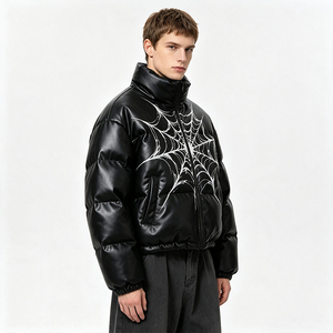 Blouson court matelassé en similicuir personnalisé pour homme, imprimé toile d'araignée, col montant, coupe oversize, fermeture éclair, style streetwear, manteau rembourré effet bulle - Product Image 2