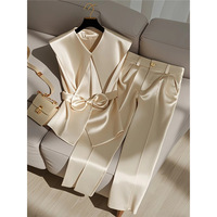 Ensemble Mode Décontracté Deux Pièces en Satin Champagne avec Ceinture à Nœud, Haut Débardeur Sans Manches et Pantalon, Élégant pour Femme de Bureau