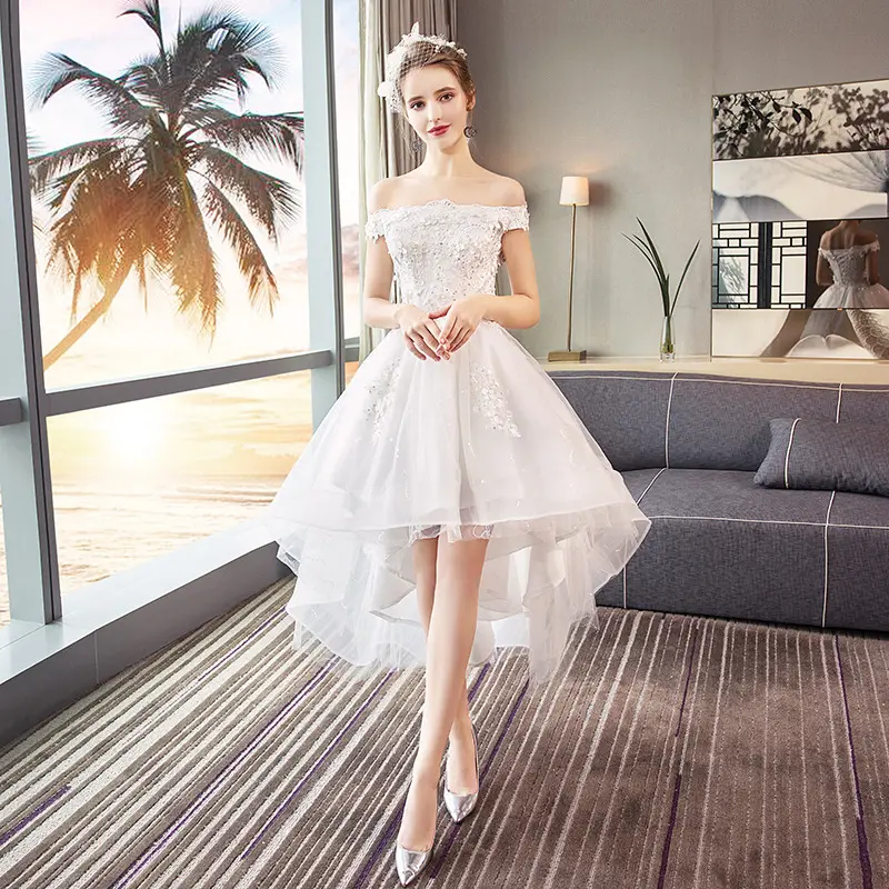 Off Shoulder High Low Lace Appliques Beading Short Simple Wedding Dress
