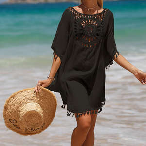 Vêtement de plage pour femmes, tendance, couleur unie, robe de plage, vêtements de plage ajourés - Product Image 5
