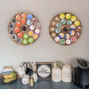 Rustic wall mounted Kitchen round fire torched wood 22 nespresso coffee capsule pod k-cup holder rack storage