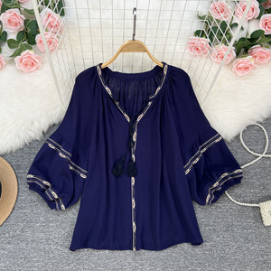 Kemeja Wanita Musim Gugur Bahan Katun Tebal Bordir Etnik Retro Lengan Bubble Model Longgar Dapat Dicuci Trendi Korea - Product Image 2