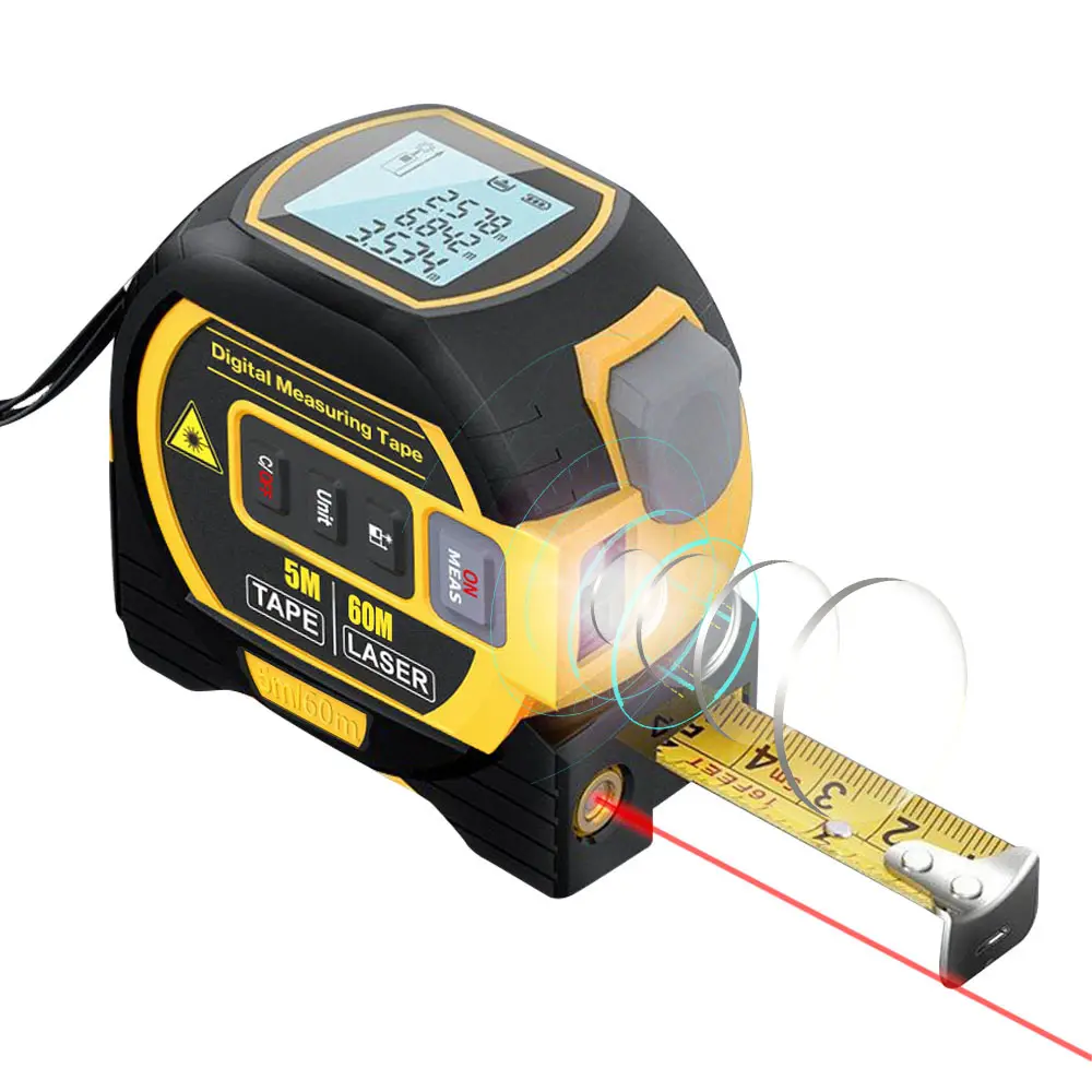 3in1 Laser Rangefinder 5m Tape Measure LCD Display Distance Meter Building Area Surveying Equipment 60m