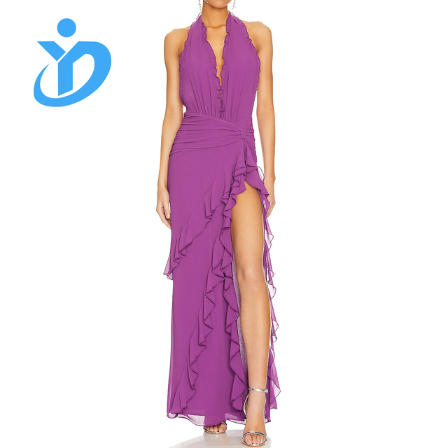 Custom Manufacturer Sleeveless Halter Tie Back High Split Lady Elegant Party Ruffle Hem Backless Sexy Chiffon Maxi Dress Women