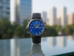 Orologio da uomo in acciaio inossidabile con cronografo, cinturino in pelle, cassa rotonda, quadrante blu - Product Image 2