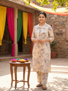 Ensemble Kurta en coton imprimé floral beige terreux avec dupatta, séchage rapide, infroissable, respirant, doux pour la peau, tenue ethnique élégante pour femme - Product Image 2