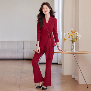 Women's Red Suit Set With Flared Pants Anti-Wrinkle Solid Color Polyester Casual Wear For Spring Autumn - Product Image 1