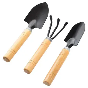Wholesale 3pcs thick wooden handle garden mini shovel bonsai kit Stick iron handcuf black potted plant shovel