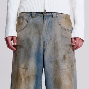 กางเกงยีนส์เดนิมหนาน้ำหนักมากคุณภาพสูงสไตล์วินเทจสั่งทำโลโก้ได้ ล้างสีแบบมัดวอช ขอบขาดๆ ทรงแบ็กกี้สำหรับผู้ชาย ขายส่ง - Product Image 4