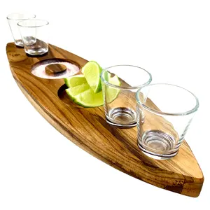 热卖欧美龙舌兰酒礼品墨西哥礼品木制小玻璃支架服务托盘飞行板带柠檬碗
