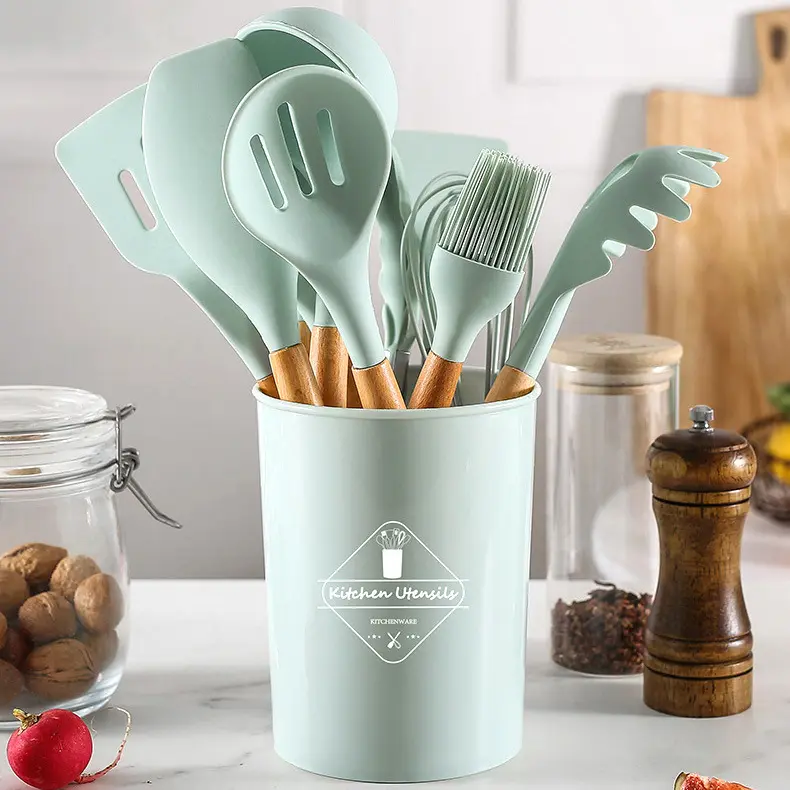 Ensemble d'ustensiles de cuisine en bois de silicone 12 pièces poignée en hêtre spatule antiadhésive pince à cuillère ustensiles de cuisine seau boîte de couleur cuisson cuisine