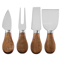 Cadeau de pendaison de crémaillère, logo personnalisé, acier inoxydable, manche en bois d'acacia, ensemble de 4 couteaux à fromage dorés avec emballage cadeau
