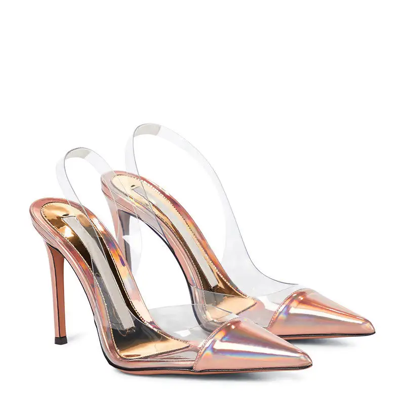 Metallic PU Pointed Toe High Heel Slippers Mule Shoes Women Ladies Sexy Transparent Clear Sandals women pump Shoes