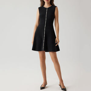 ชุดเดรสราตรีผู้หญิงแบบสั่งทำพิเศษ ผ้าถักเมทัลลิก แขนกุด ประดับมุก คอรูปทรงจิวเวล  ทรงเข้ารูป  ชุดลำลองสำหรับงานปาร์ตี้ - Product Image 1