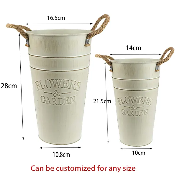 Custom vintage beige galvanized iron french flower metal bucket with hemp rope for wedding garden home decor vase