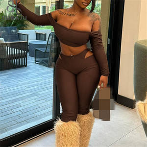 Set pakaian ketat wanita, atasan Crop kerah Slash + legging berongga pinggang tinggi yang cocok pakaian olahraga kasual 2 potong - Product Image 2