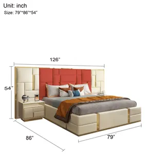 Moderne Luxus-Schlafzimmermöbel in King-Size königliches großes Kopfteil Holzrahmen mit Lederdoppelbett im Verkauf direkt aus der Fabrik