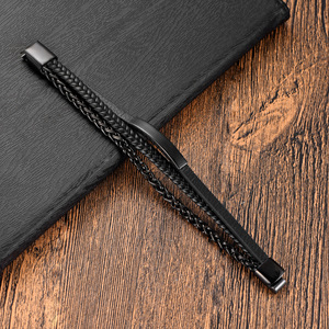 Multi-Layer Braided <b>Leather</b> Bar <b>Bracelet</b> with Non-Fading 316L Stainless Steel PVD Gun Black Wheat Chain & Magnetic Clasp for Men - Product Image 3
