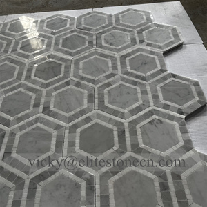 Mosaïque hexagonale en marbre blanc, mosaïque en pierre et acier inoxydable pour murs et sols de salle de bain - Product Image 4